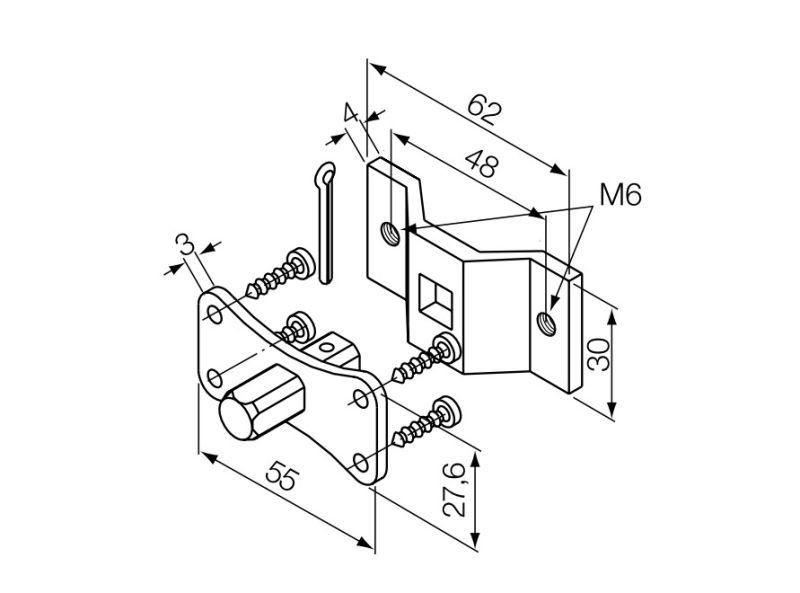 NICE 525.10012/M6AX Perno quadro 10 mm + staffa con fori M6