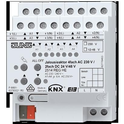 JUNG 2514REGHE Attuatore per comando veneziane KNX 4 canali 230V AC- 2 canali 24V DC