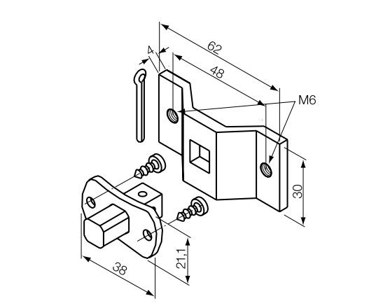 NICE 523.10012/M6 10 mm square pin + bracket with M6 holes