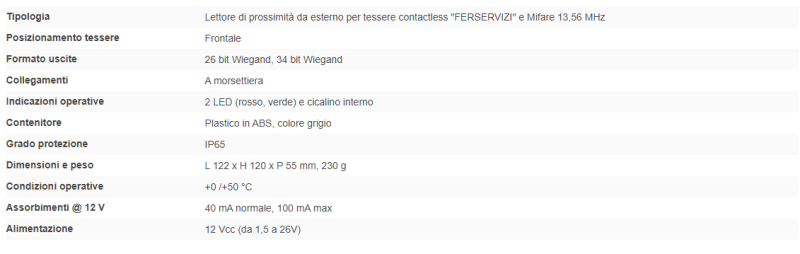 ELMO RFICREXT Lettore di prossimita' da esterno per tessere contactless "FERSERVIZI" e MIFARE 13,56 MHz